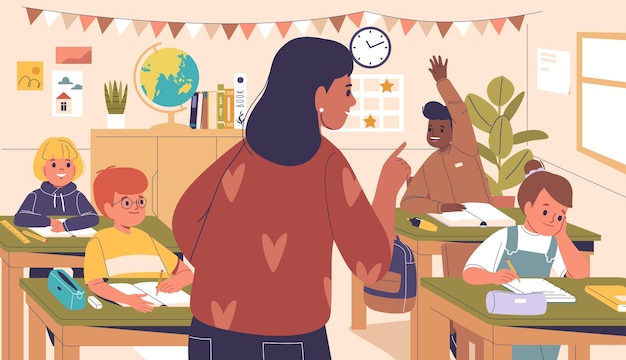 Vector woman teacher providing learning process at school class asking student with raised hand scene