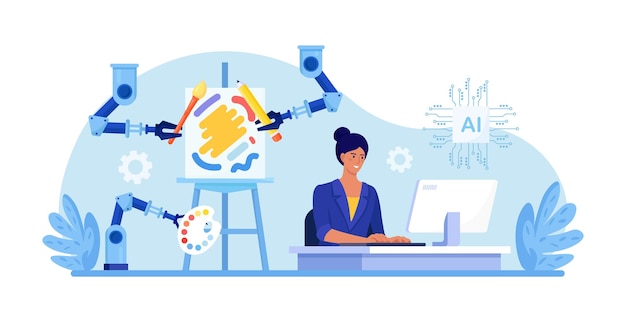 Vector woman using aigenerated art technology on computer to create stunning works of art artificial intelligence generated artwork robotic arm create paintings controlled by computer algorithm