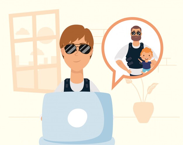 Vector woman using laptop to communicate and stay home