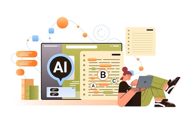 Vector woman using writing assistant app wit ai helper bot copy writing automation technology scan mistakes and report text grammar errors online editing service horizontal vector illustration