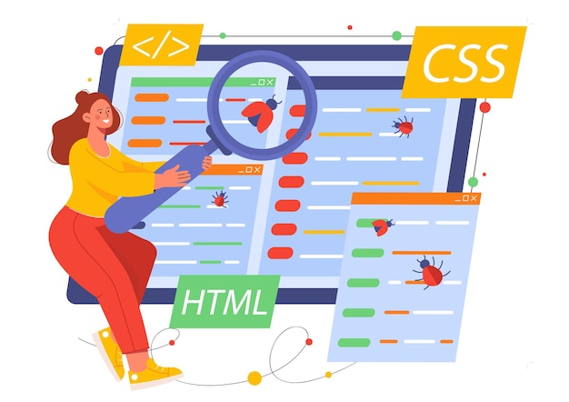 Vector woman with application code concept young girl with magnifying glass looks for errors in website or program code technical support and it specialist programmer cartoon flat vector illustration