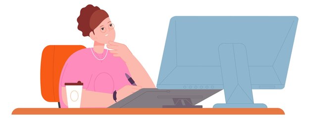 Vector woman working at computer with coffee cup freelancer workplace