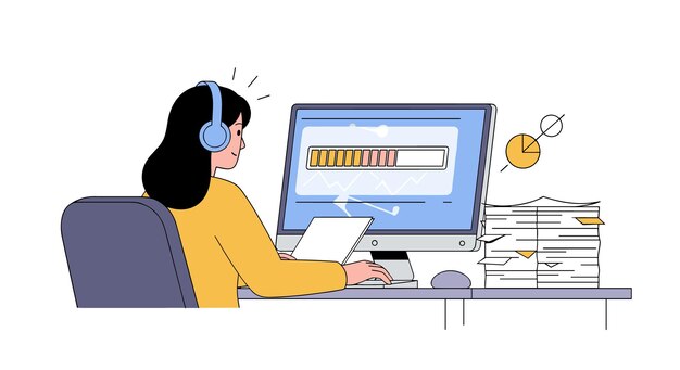 woman working on computer with data and online task