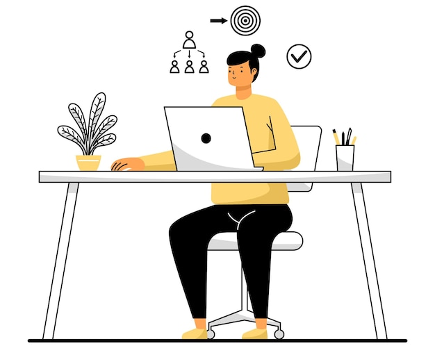 Vector woman working on laptop at her desk in the office