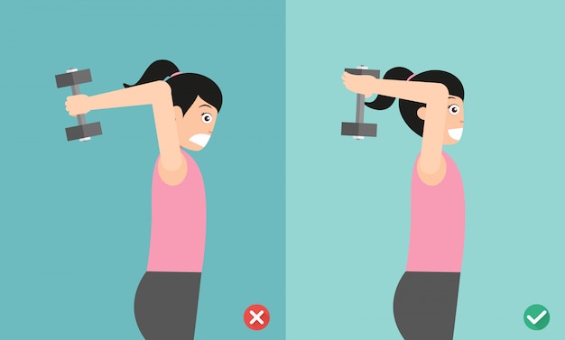 Vector woman wrong and right overhead dumbbell posture