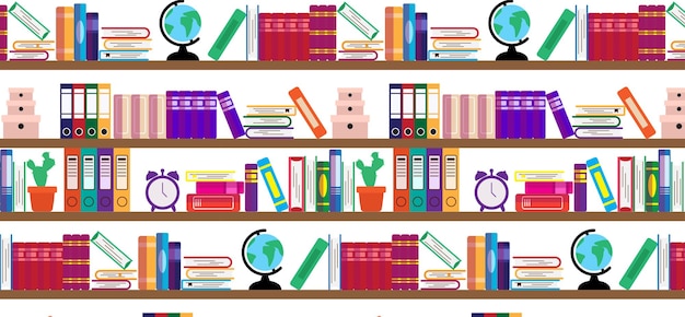 Vector wood bookshelf seamless pattern background education backdrop for graduation