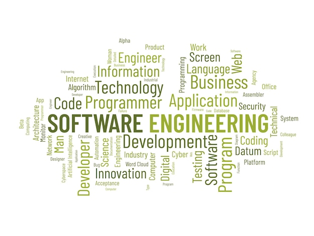 Vector word cloud background concept for software engineering computer programming system cloud technology development of application management vector illustration