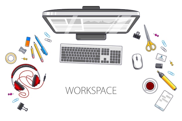 Vector work desk workspace top view with pc computer and a lot of different stationery objects on table isolated, look above. all elements are easy to use separately or recompose the illustration. vector.