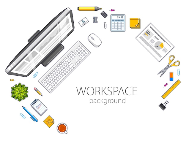 Vector work desk workspace top view with pc computer and a lot of different stationery objects on table with copy space for text. all elements are easy to use separately or recompose illustration. vector.