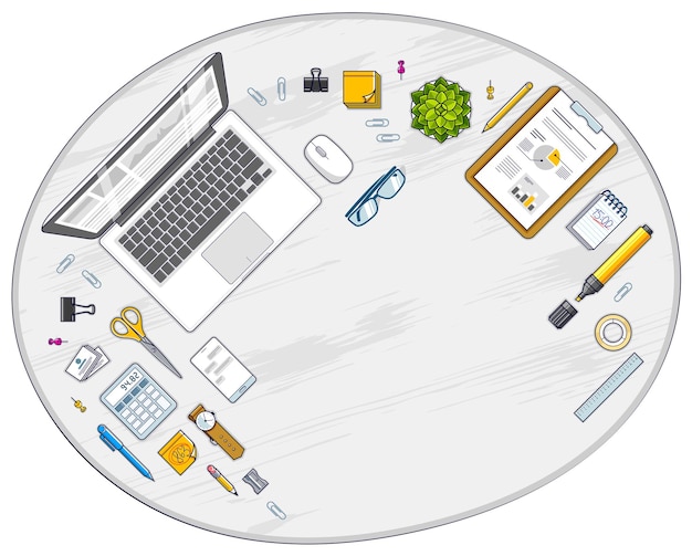 Vector work desk workspace top view with pc notebook and analytics papers with graphs and data and stationery objects on table. all elements are easy to use separately or recompose illustration. vector.