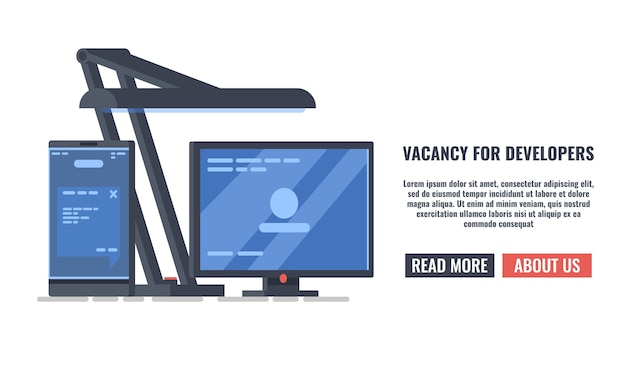 Vector work table of software developer, vacancy for programmers, application and user interface