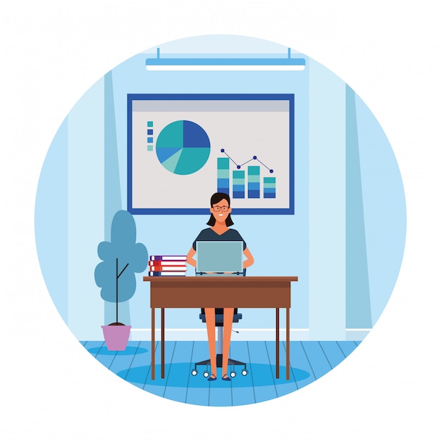 Vector worker woman in computer desk