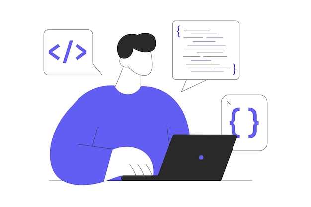 Vector working with code for computer game programming at screen and testing video game developer web