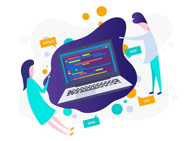 Vector workplace of programmer or coder vector illustration programmer coding a new project using computer web development website screens program code engineering