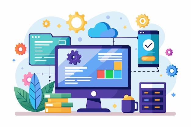 Vector a workspace showcasing low code development tools with coding elements devices and greenery low code development customizable flat illustration