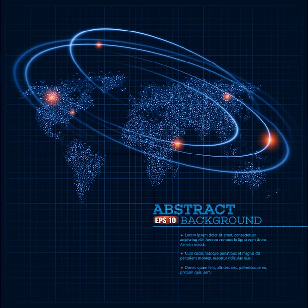 Vector  world map illustration with glowing points and lines.