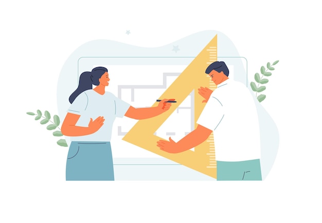 Vector young architect and designer work with a drawing. engineer, construction, students