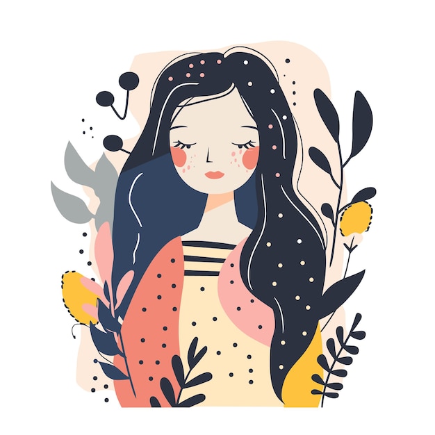 Vector young asian woman illustrated serene pose surrounded flora female character eyes closed long
