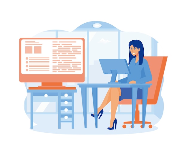 Vector young beautiful girl programmer behind a laptop and a computer writes a code flat vector modern