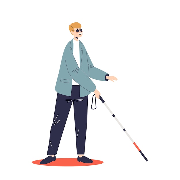 Vector young blind man in sunglasses move with walking stick. male with disability and eyesight disease
