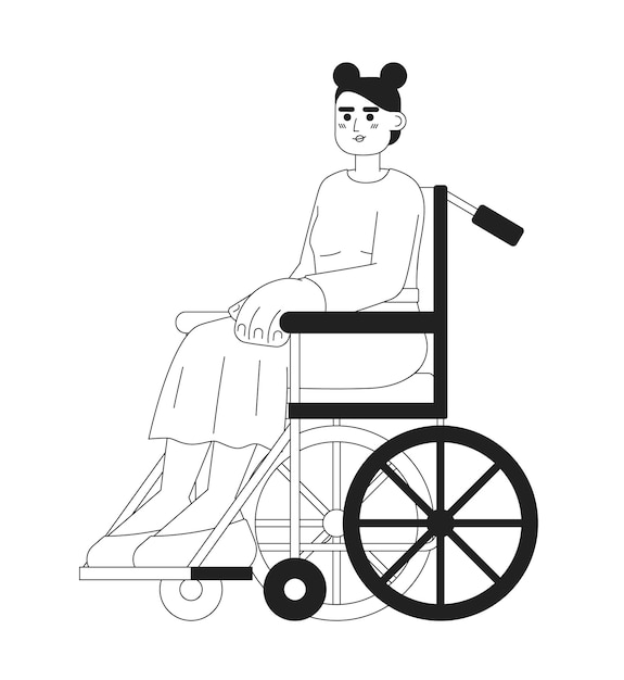 Vector young caucasian woman on wheelchair monochromatic flat vector character editable thin line full body person with disability on white simple bw cartoon spot image for web graphic design