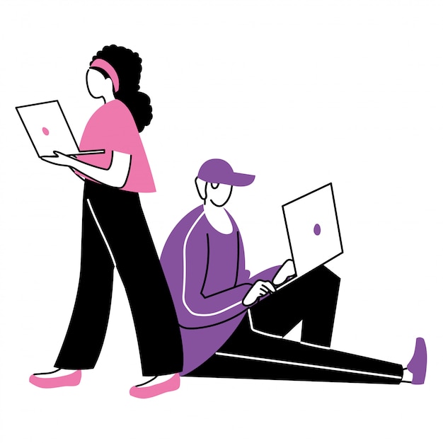 Vector young couple using an electronic device