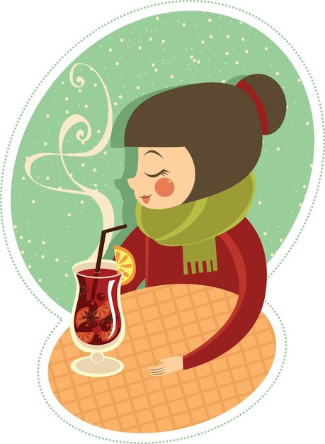 Vector young girl drinking mulled wine at the table