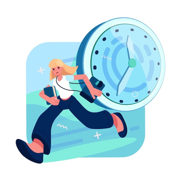 Vector young lady running late to work time management concept effective work scheduling concept