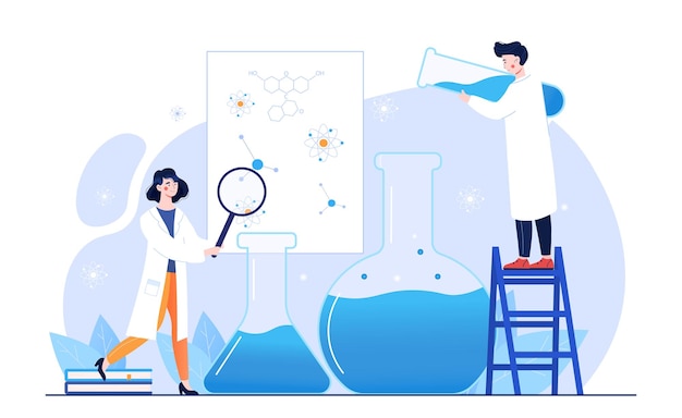 Vector young male and female characters are working in medical laboratory together man and woman working on