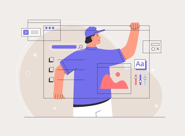 Vector young man designer working on ui ux design or mobile application prototyping banner. software developers. freelancer working on web and application development on computers. flat style vector.