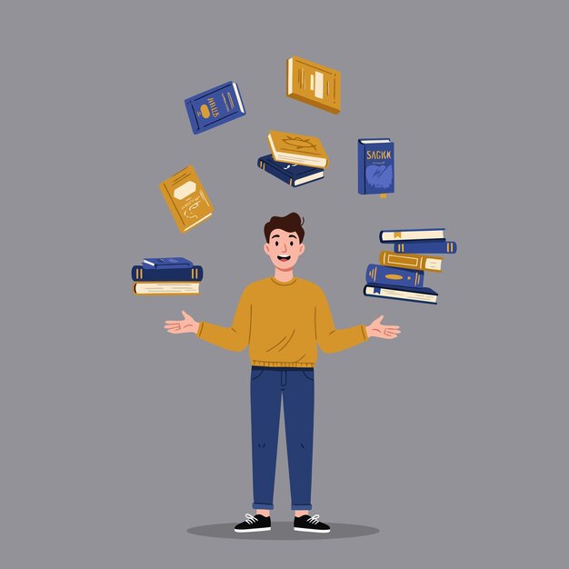 Vector young man juggling knowledge education and information overload concept