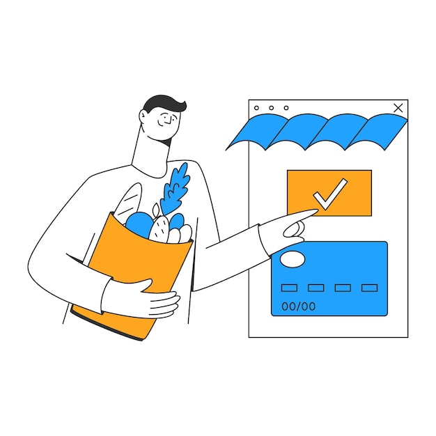 Vector young man paid online at store