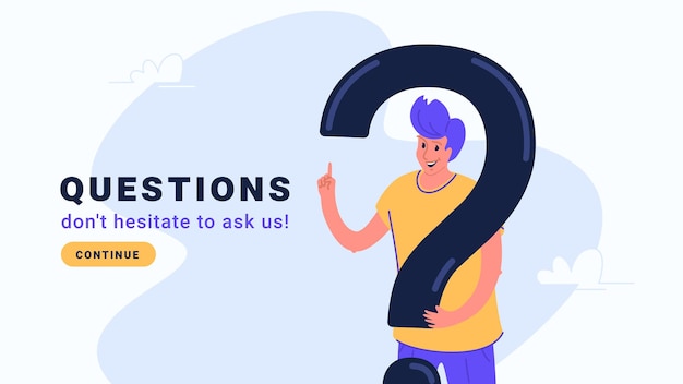 Vector young man standing near big question symbol and gesturing