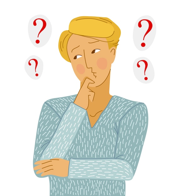 Vector young man thinking about question vector illustration isolated on white background, searching for answer, decision, help and assist.