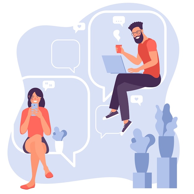 Vector young man and woman chatting and commenting posts
