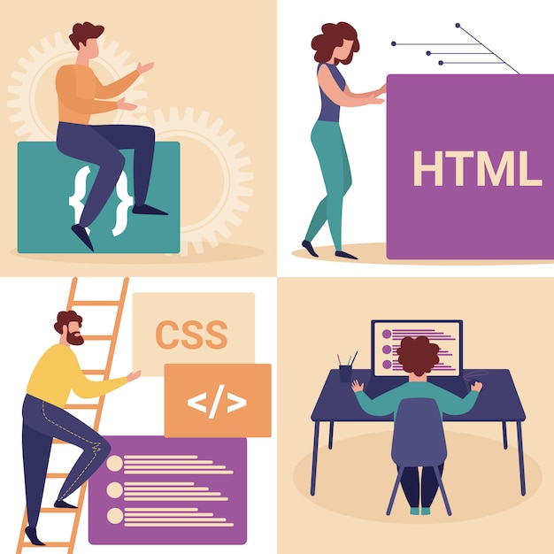 Vector young man and woman programmers make web site