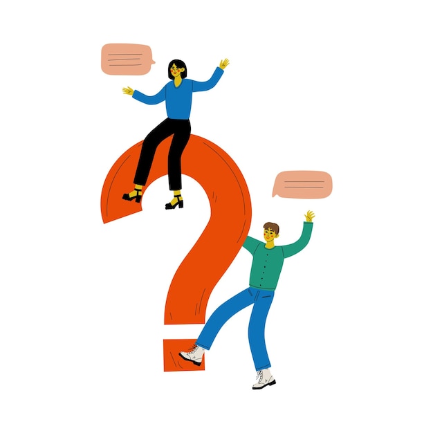 Vector young man and woman with a big question mark people communicating making a choice or seeking solution to a problem vector illustration