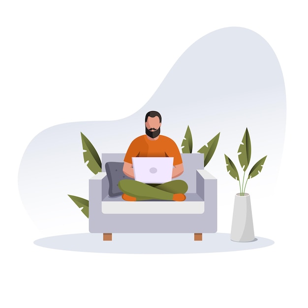Vector young man working on laptop work from home concept