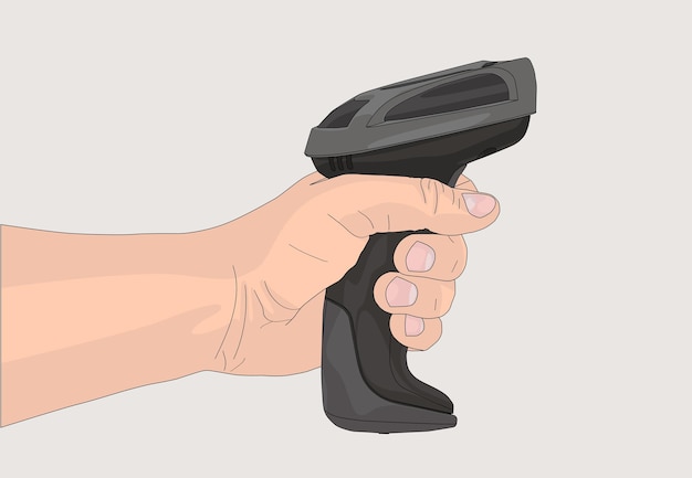 Vector young mans hand hold barcode scanner