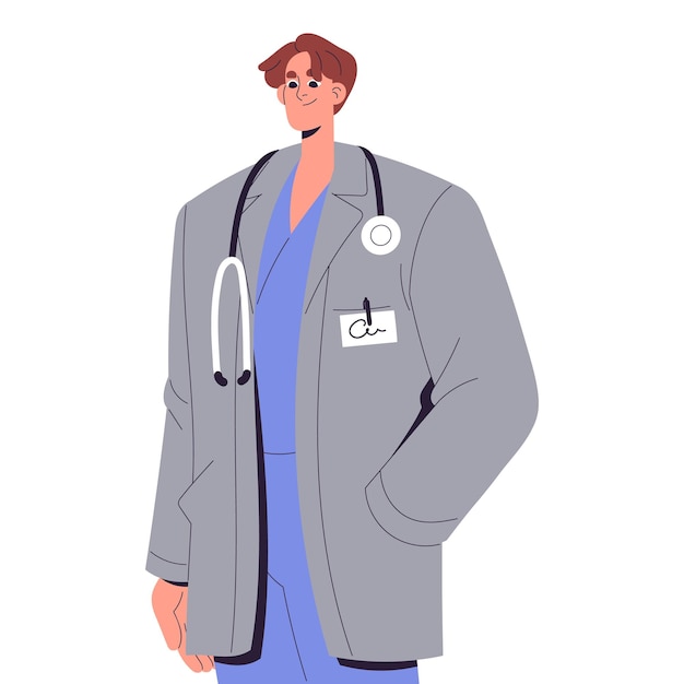 Vector young medic intern with medical instrument physician practitioner with stethoscope on neck therapist clinic worker in doctors coat uniform healthcare flat isolated vector illustration on white