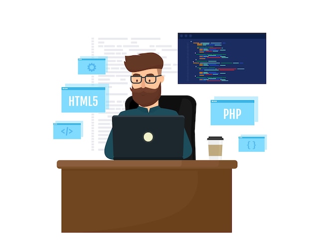 Vector young programmer coding a new project using laptop programming and engineering concept