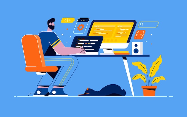 Vector young programmer concentrated at working project. developing programming and coding technologies. screen with codes, developer at work with task. geek coding software with laptop and pc. vector illust