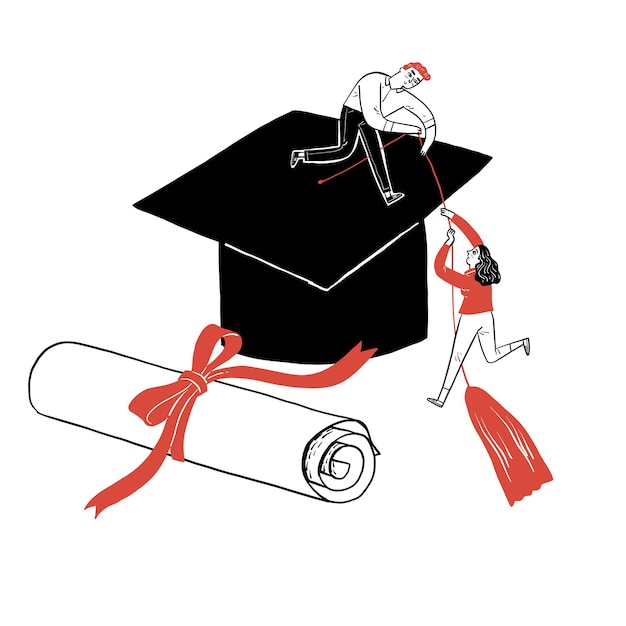 Vector a young student of college is helping his friend up above on the graduation cap