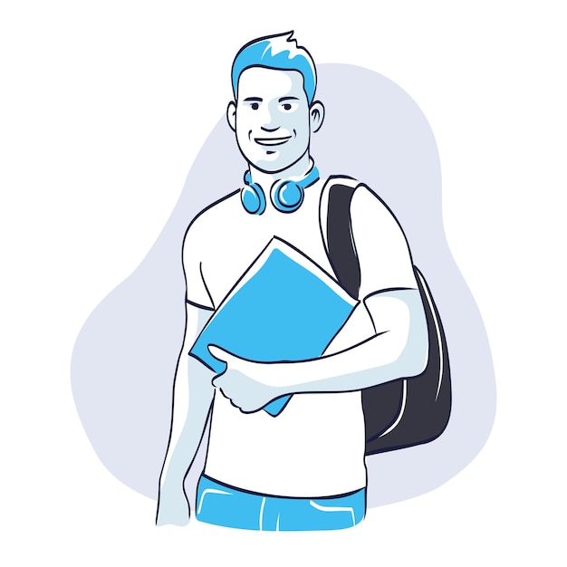 Vector young students walk and listen to music on headphones carrying a bag