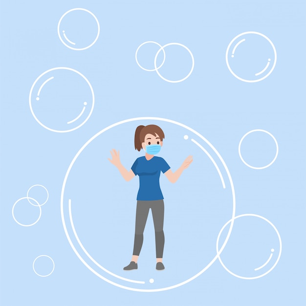 Vector young woman floating inside the bubble communicate