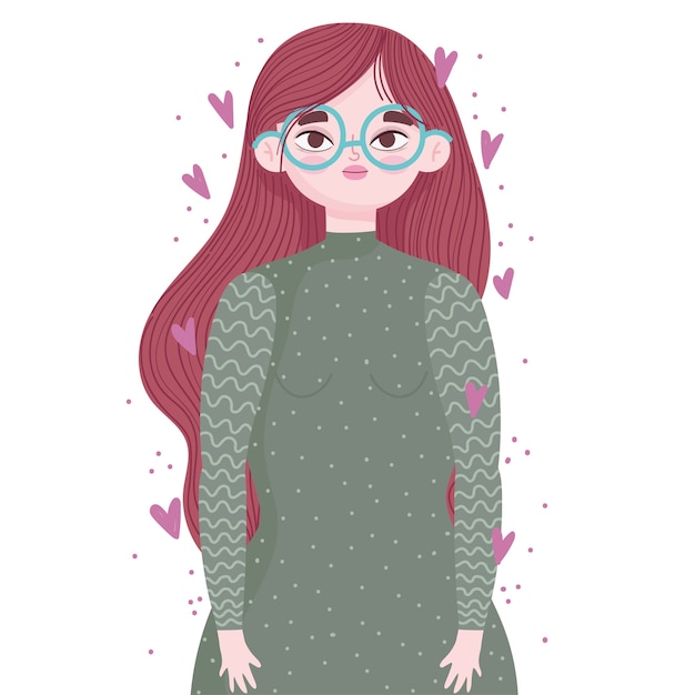 Vector young woman portrait with glasses and hearts love cartoon illustration