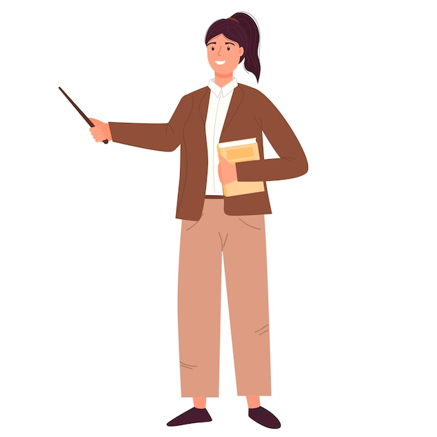 Vector young woman teacher points out. back to school. cute character in a modern style.