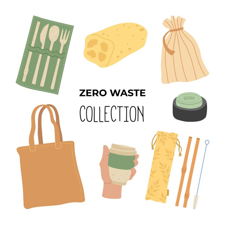 Zero waste hand drawing set of basic items. Where to start using less plastic, main objects. Go green, say no to plastic.