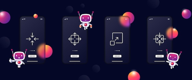 Vector zoom button set icon arrows zoom in make full screen hide close exit full screen window work concept glassmorphism ui phone app screen with robot vector line icon for business