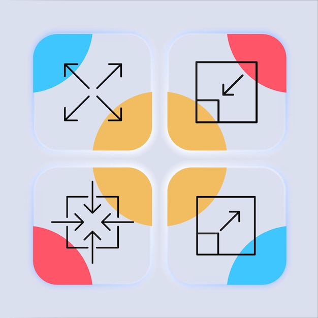 Vector zoom in and out arrows set icon scale player viewer navigation buttons maximize minimize angles of view technology concept neomorphism style vector line icon for business